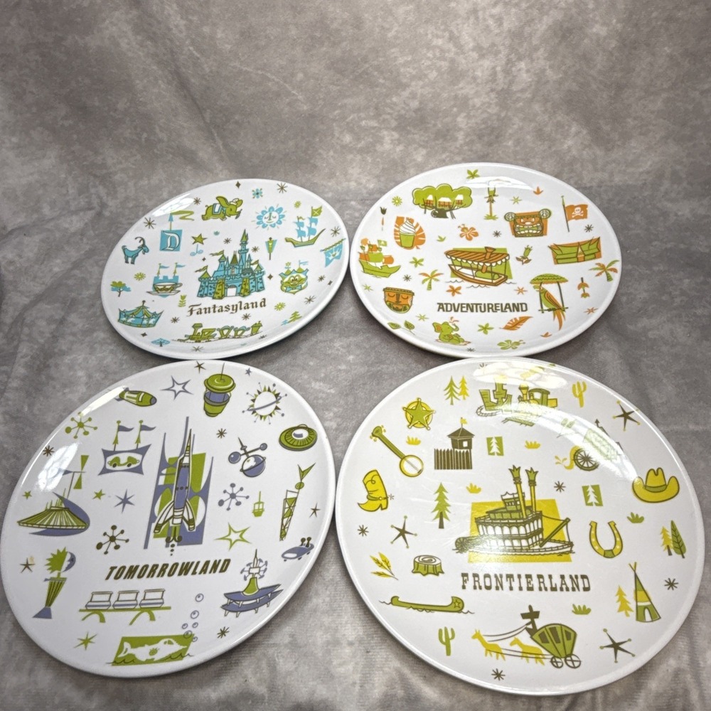 Disney Magic Kingdom Land Map Retro Melamine 7" Plates Fantasyland Tomorrowland